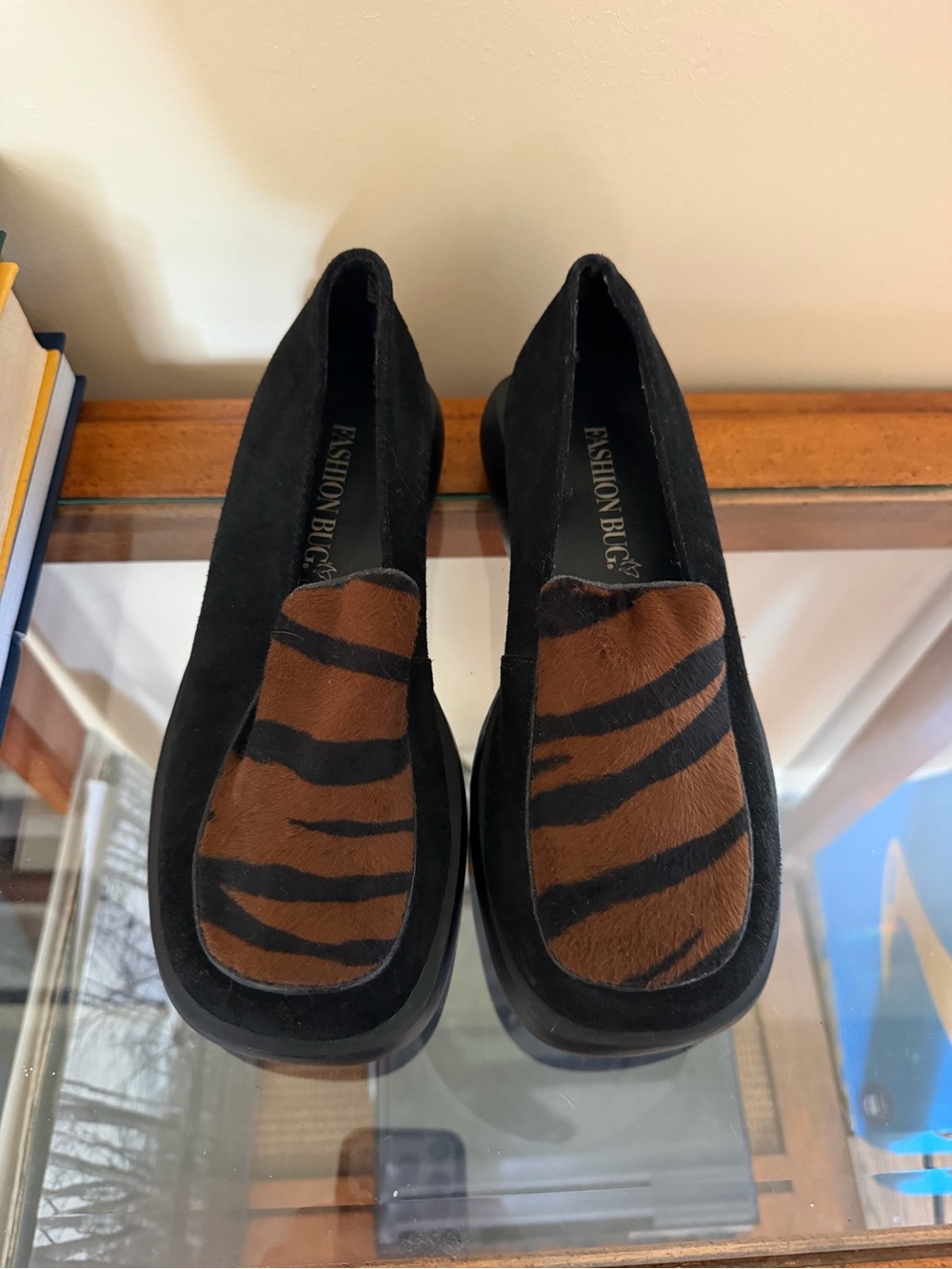 Fashion Bug Black Suede Loafers with Brown and Black Tiger-Print Accent